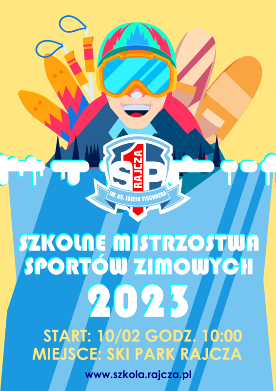 Plakat SP1 Rajcza - Szkolne Mistrzostwa SPortów Zimowych 2023